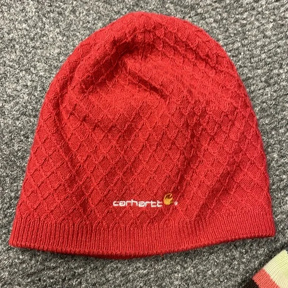 Carhartt Womens Beanie Hats Lot of 2 stripes reversaible fleece red colorful - Picture 5 of 5